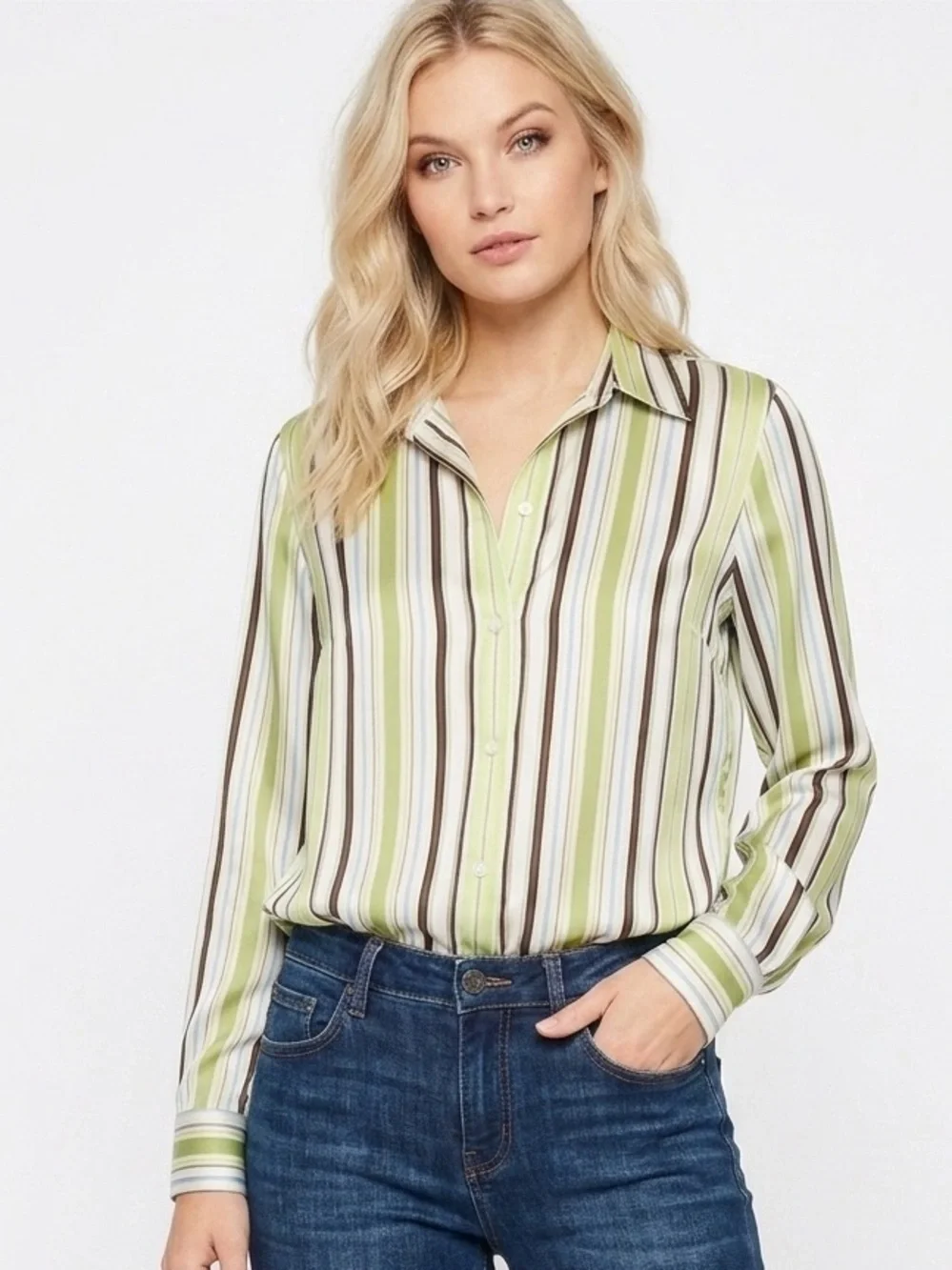 J. Crew Green Striped Satin Blouse Shirt